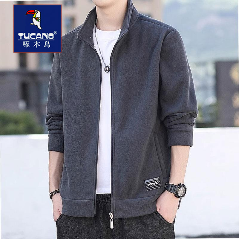 啄木鸟摇粒绒立领外套男士秋冬款加绒休闲开衫卫衣抓绒男装夹啄高清大图