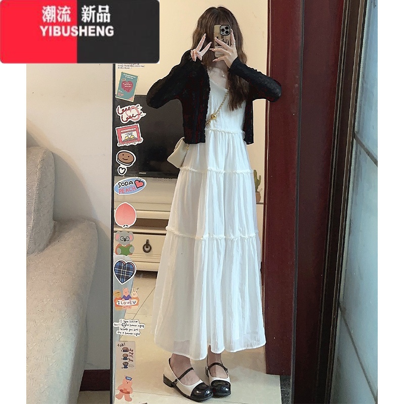 YIBUSHENG季白色吊带连衣裙子两件套装女2024新款梨形身材小个子显高长裙高清大图