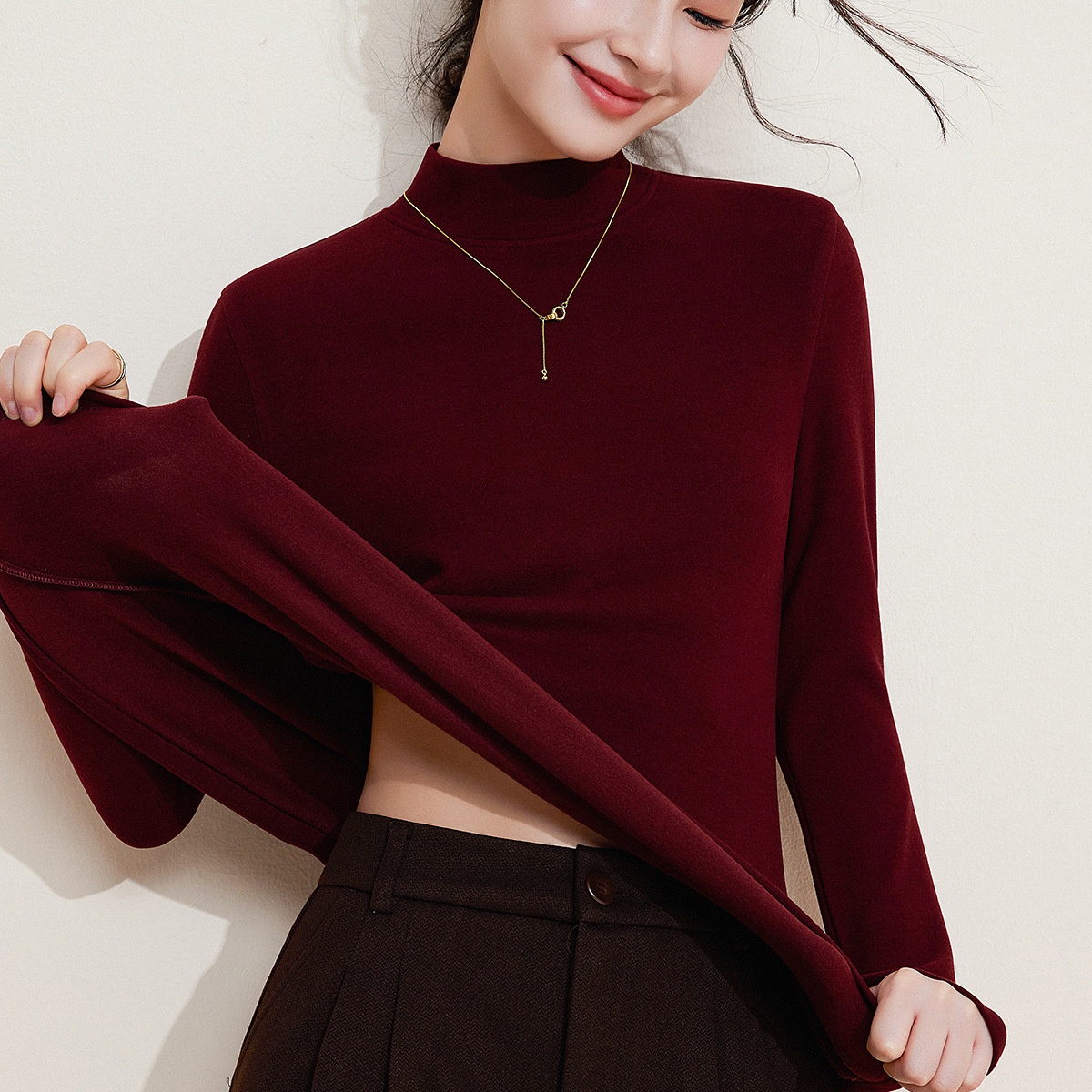 半高领蚕丝保暖衣女上衣加绒加厚内搭羊毛打底衫暖绒发热中领秋衣高清大图