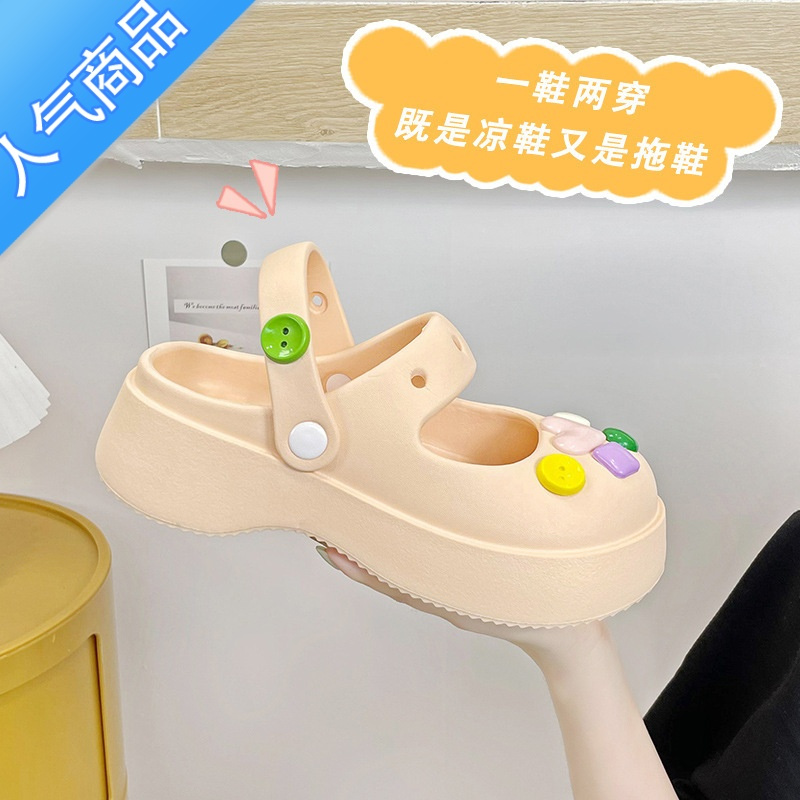 SUNTEK网红踩屎感包头拖鞋女夏季2023新款厚底洞洞鞋防滑法式黑色凉鞋子