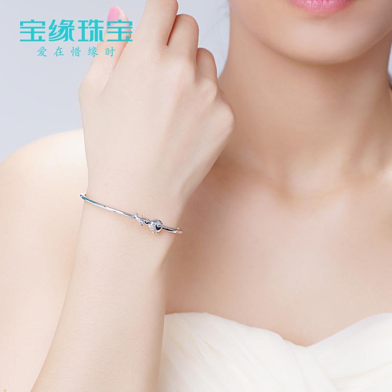 [相亲相爱手镯]925银手镯女款 简约时尚银镯子 银饰手镯 生日礼物送女朋友七夕情人节礼物