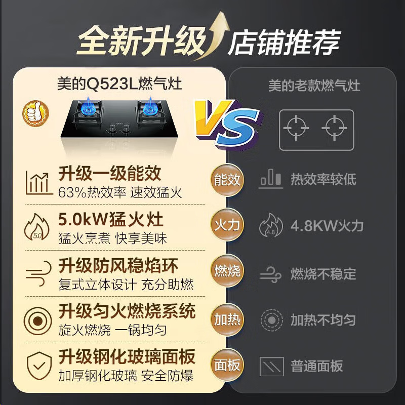 美的燃气灶液化气 双灶具Q523L-M 家用5.0kW猛火灶台嵌两用 搪瓷易打理 高能效灶烟灶联动高清大图