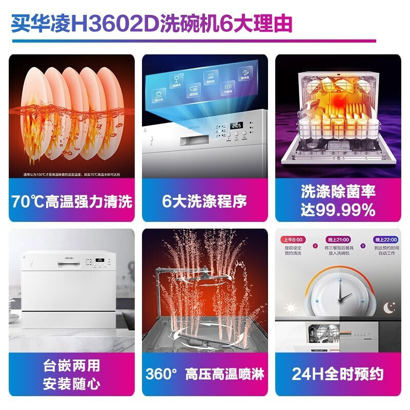 华凌 美的出品 洗碗机 智能生态 家用6套 台式嵌入两用超快洗 高温除菌 全自动刷碗机H3602D