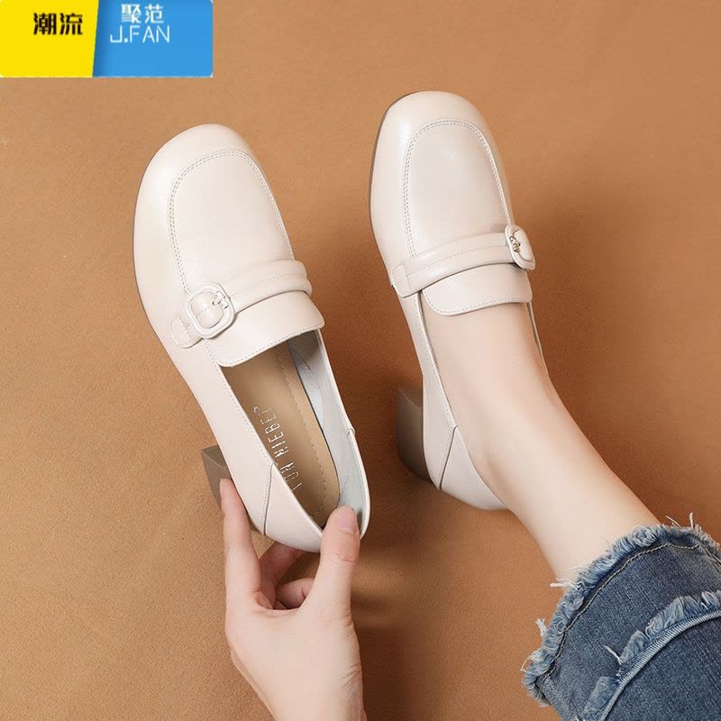 聚范软皮软底单鞋2024新款百搭中跟皮鞋女款妈妈鞋大码乐福鞋图片