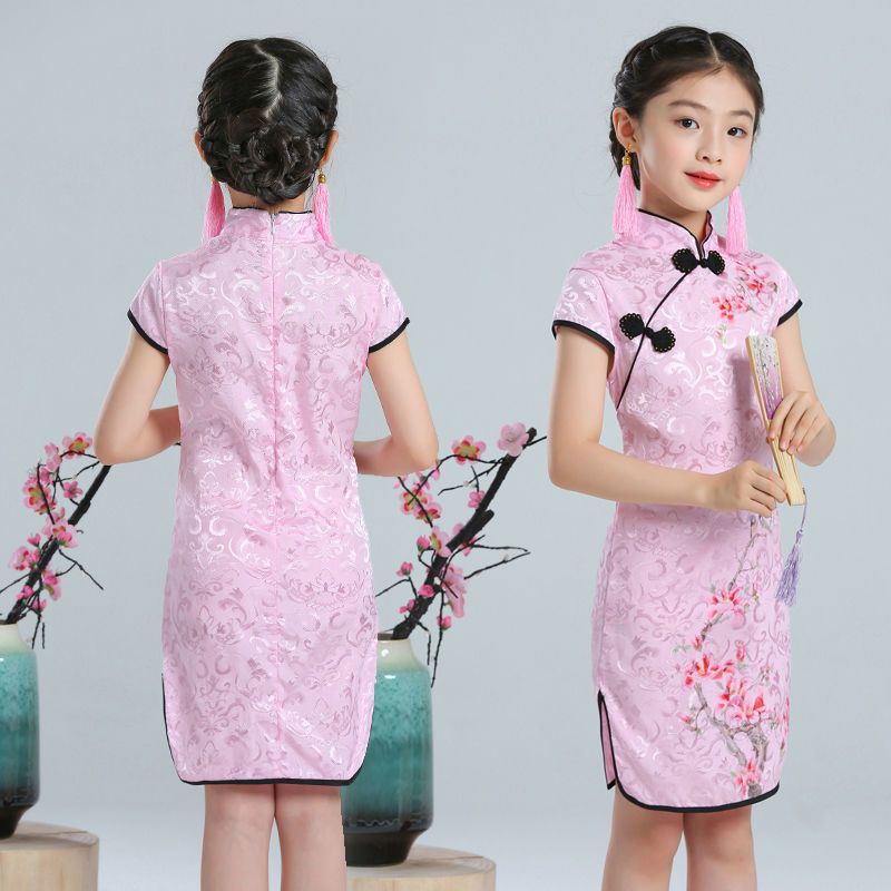 粉红色100儿童旗袍女童旗袍夏连衣裙小女孩旗袍儿童女夏中国风童装