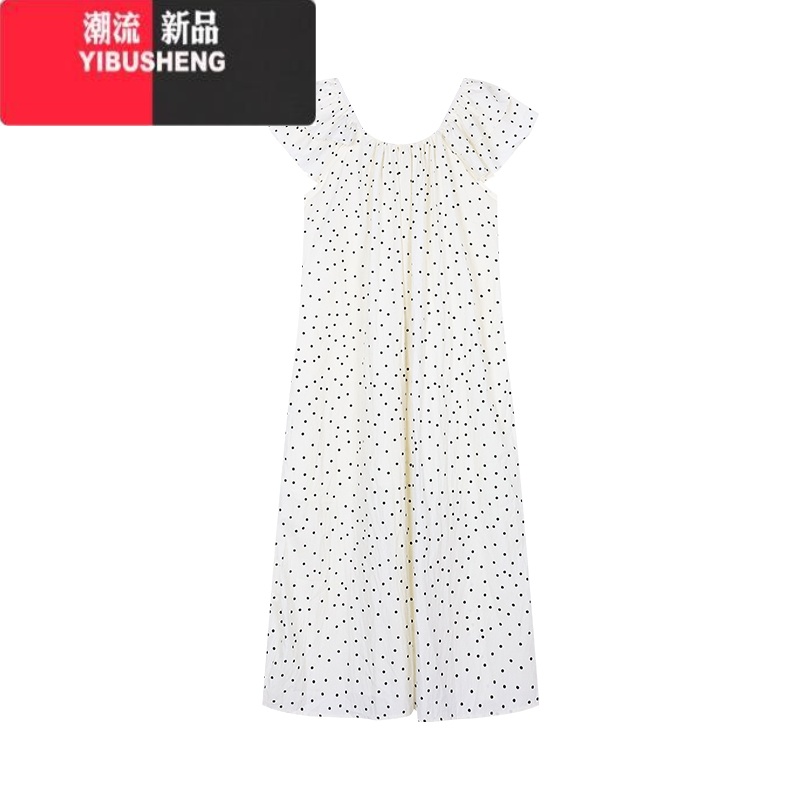 YIBUSHENG慵懒风泡泡袖波点连衣裙女季宽松休闲裙子甜美杏色长裙