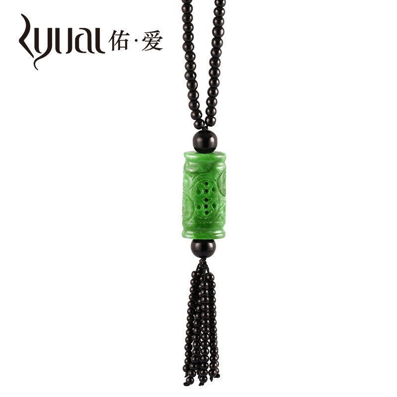 Ryual 盘钱柱岫玉时尚中国风翡翠玉石吊坠男士吊坠项链 总长41CM,链长32CM
