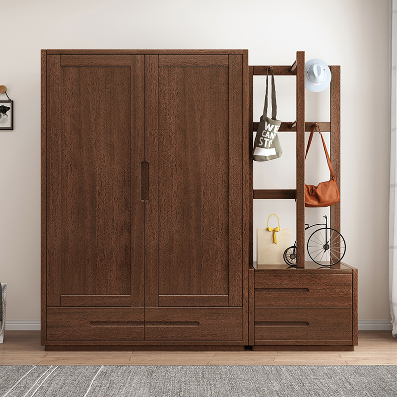 轻奢对开门2门北欧胡桃木全实木简约收纳大衣橱 卧室家具 胡桃木衣柜