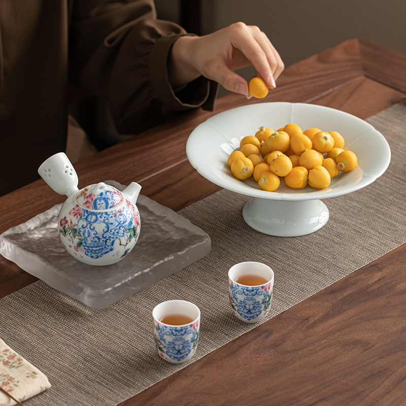 苏氏陶瓷(SUSHI CERAMICS)青瓷繁花似锦侧把壶果糖盘功夫茶具套装