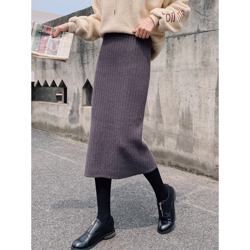 中长款针织半身裙一步裙包臀裙女秋冬季高腰长裙加厚开叉毛线裙子