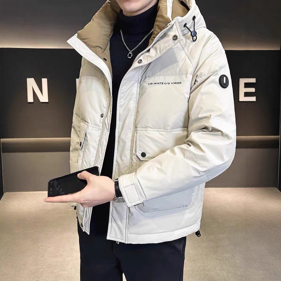 羽绒服男2024新款冬季外套短款保暖连帽外套鸭绒加厚上衣潮牌时尚 米白色 4XL