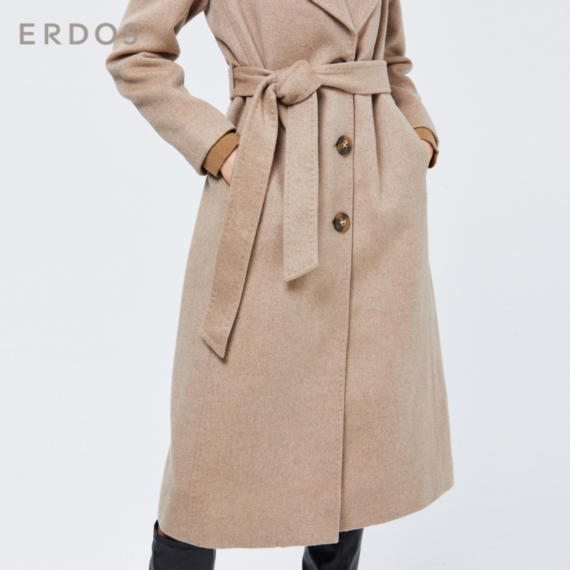 ERDOS 纯色简约翻领女士长款系带收腰纯羊绒大衣外套