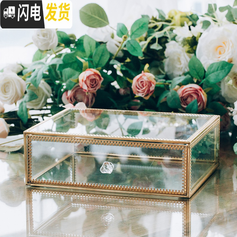 三维工匠金色玻璃化妆品收纳盒护肤品桌面防尘翻盖置物架口红彩妆整理盒 金色一抽