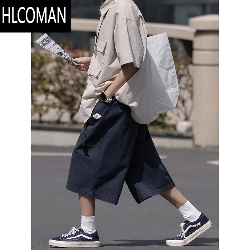 HLCOMAN日系七分裤男生宽松大码过膝短裤夏季美式ins潮牌休闲7分阔腿中裤