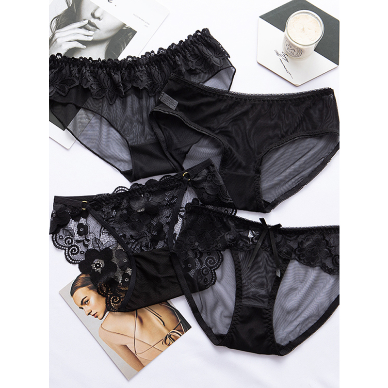 恋名媛4条装蕾丝内裤女棉裆性感透明诱惑镂空黑色低腰三角少女士内裤