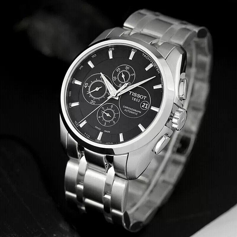 天梭tissot瑞士手表夜光多功能复古库图系列钢带男士机械表t