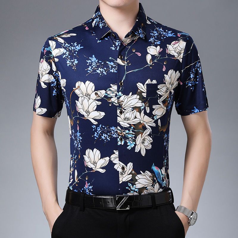 中年花衬衫男短袖宽松商务中老年花衬衣男装薄款寸衣冰丝男yuansu男士