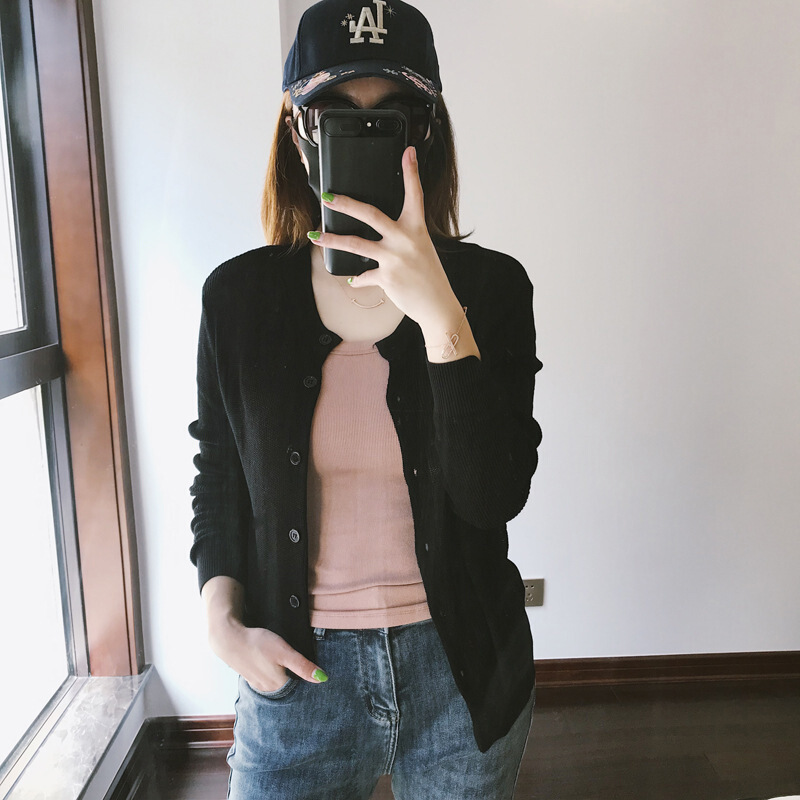 迪鲁奥(DILUAO)早秋上衣百搭纯色宽松显瘦薄款袖针织女小外搭新款女装 黑色 均码