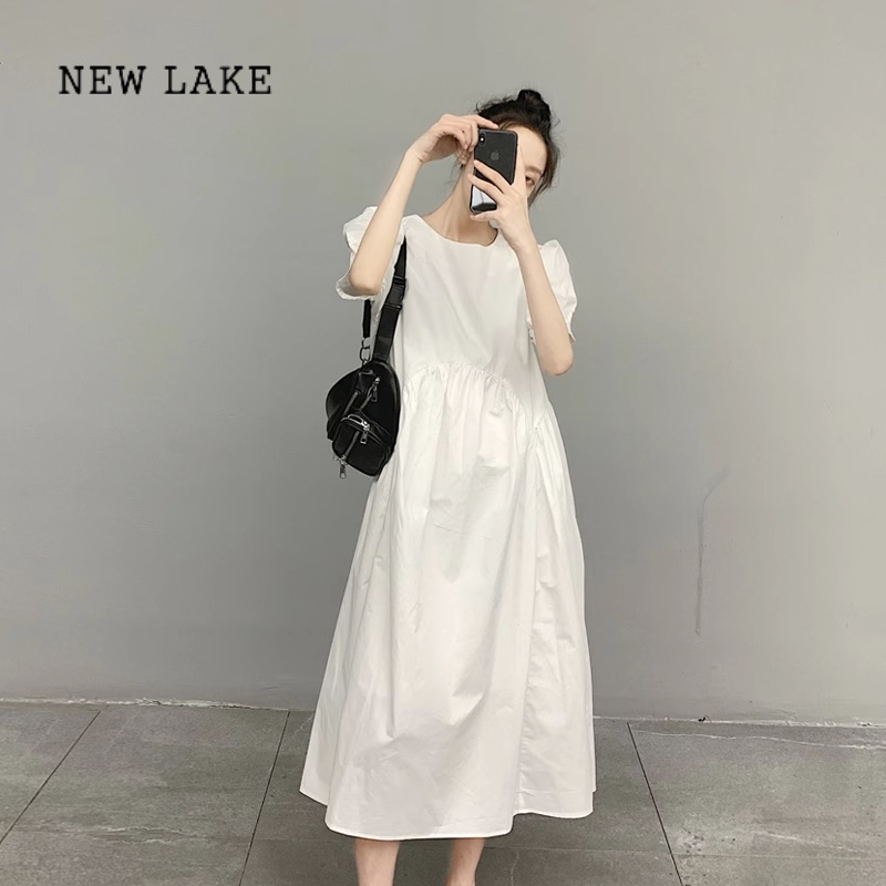 newlake白色泡泡袖连衣裙女2024新款夏季大码胖mm法式宽松遮肚子显瘦