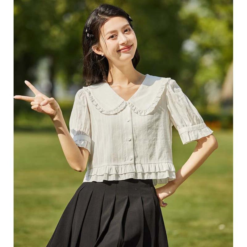 唐狮夏季新款短袖衬衫女白色娃娃领泡泡袖衬衣甜美韩系上衣