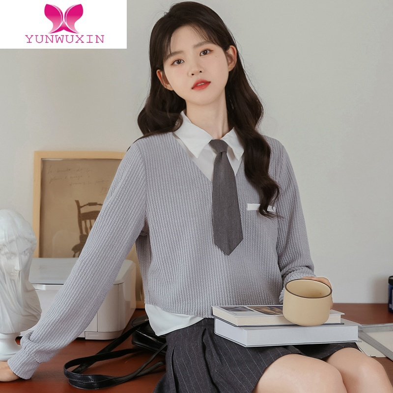 YUNWUXIN2022秋季新款学生假两件领带长袖衬衫女学院风短款外套上衣