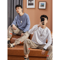 唐狮长袖T恤男装秋季纯色打底衫上衣宽松白色in潮牌衣服