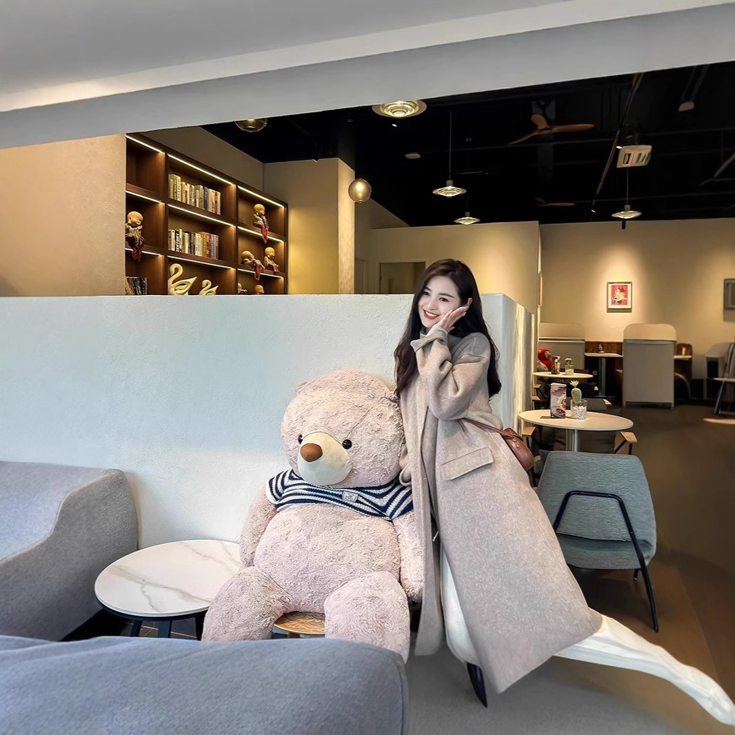 韩版手缝双面羊毛大衣女中长款连帽休闲气质宽松百搭春秋冬双面呢高清大图