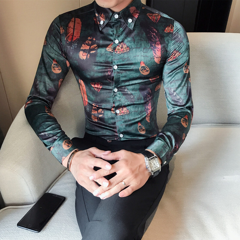 季款韩版型男士修身迷彩印花长袖衬衣型男休闲衬衫打底衫