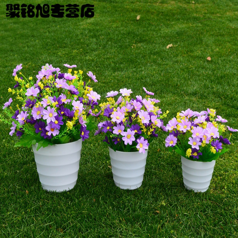 仿真花 绢花 塑料假花 装饰花艺套装 客厅装饰品 摆件 仿真雏菊小盆栽-中盆粉色套装
