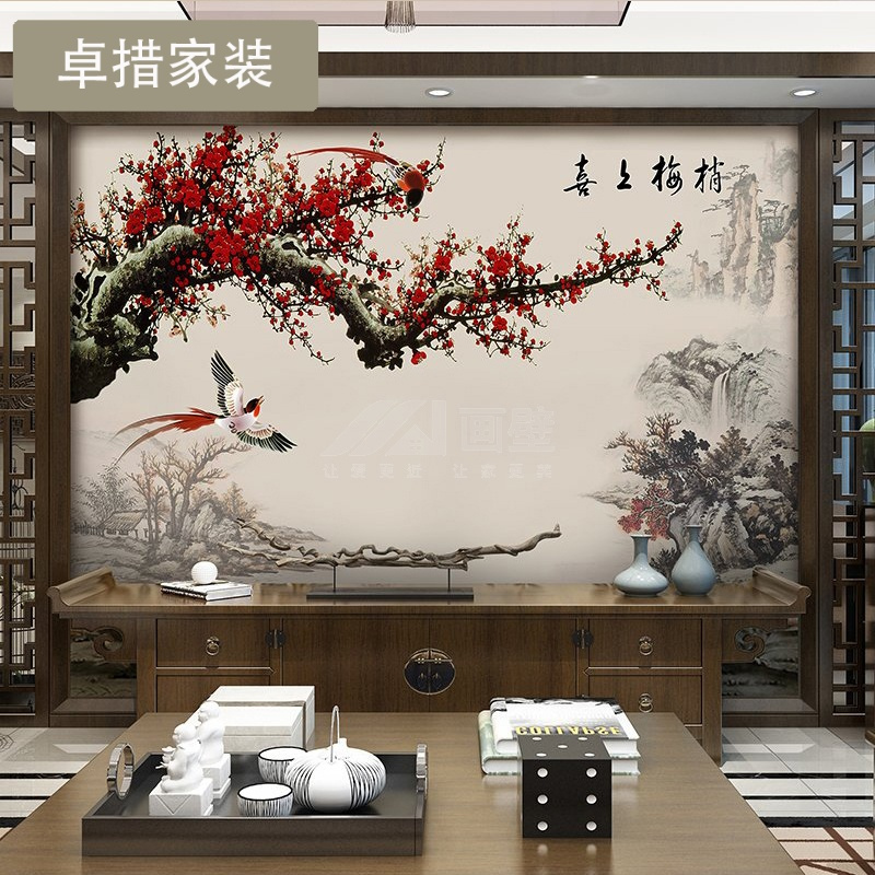 新中式手绘工笔山水复古花鸟墙纸壁画客厅沙电视背景墙装饰画壹德壹