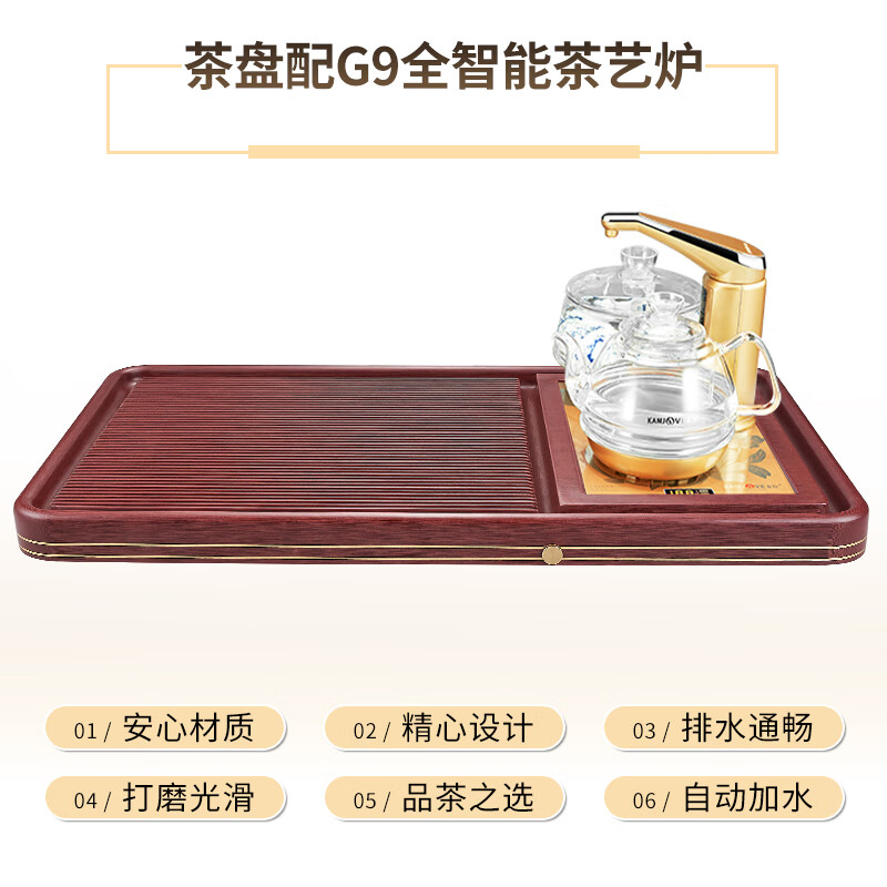 金灶 适家霓电木茶盘排水托盘茶具套装轻奢现代茶台沥水盘家用德料茶海 红【金边】80*50配金灶G9自动旋