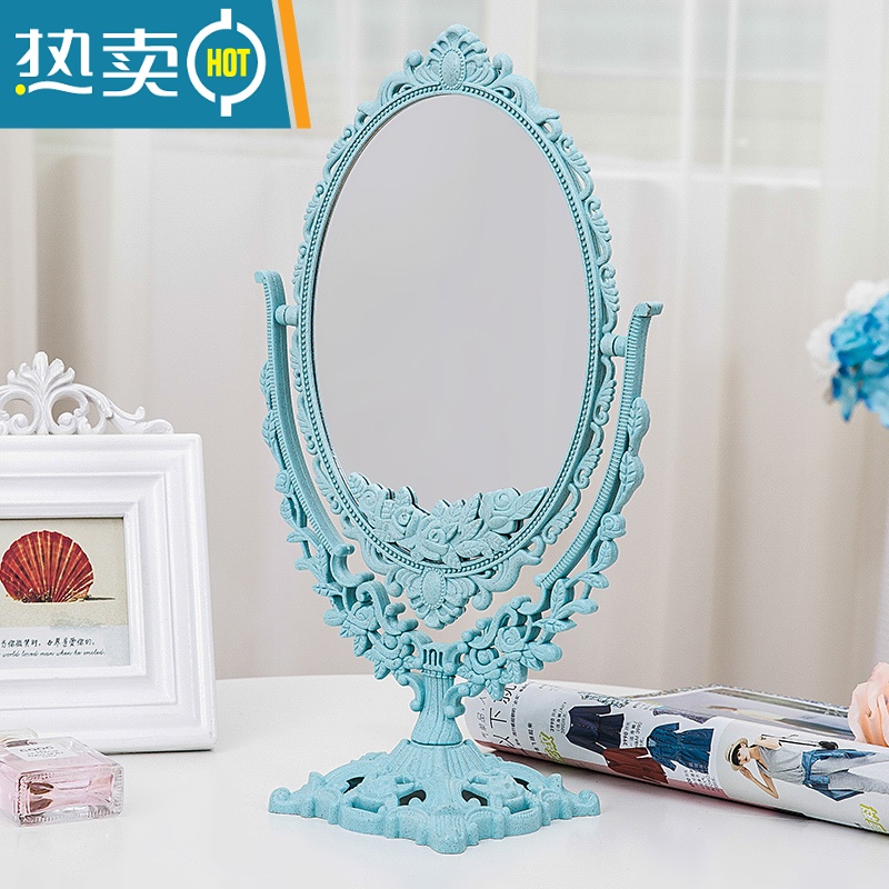 敬平简约欧式美容镜 台式化妆镜双面梳妆镜子便携公主镜化妆镜折叠便携式用镜 椭圆大号纳米蓝(平面+放大面)高清大图