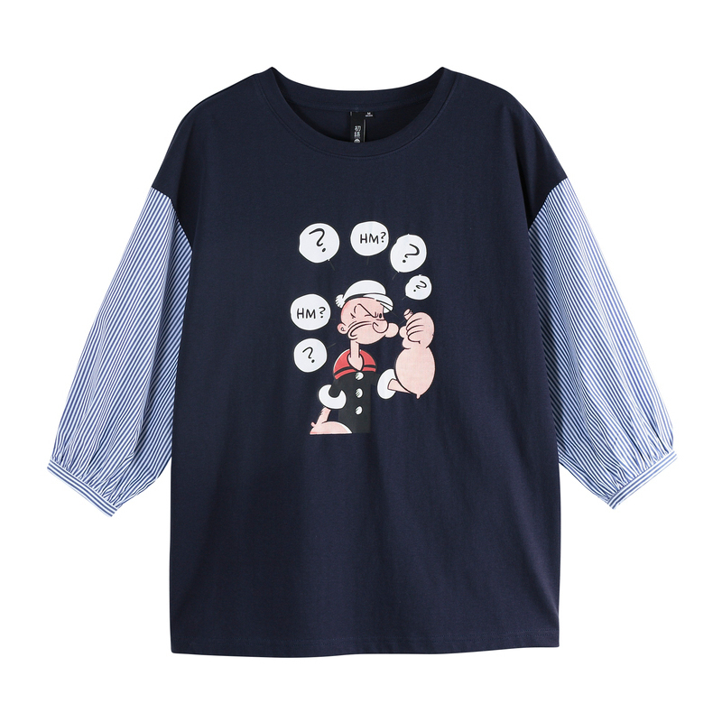 初语女士t恤 初语 大力水手 初语年夏季新款大力水手ip系列拼接条纹中袖印花宽松t恤女 价格图片品牌报价 苏宁易购初语旗舰店