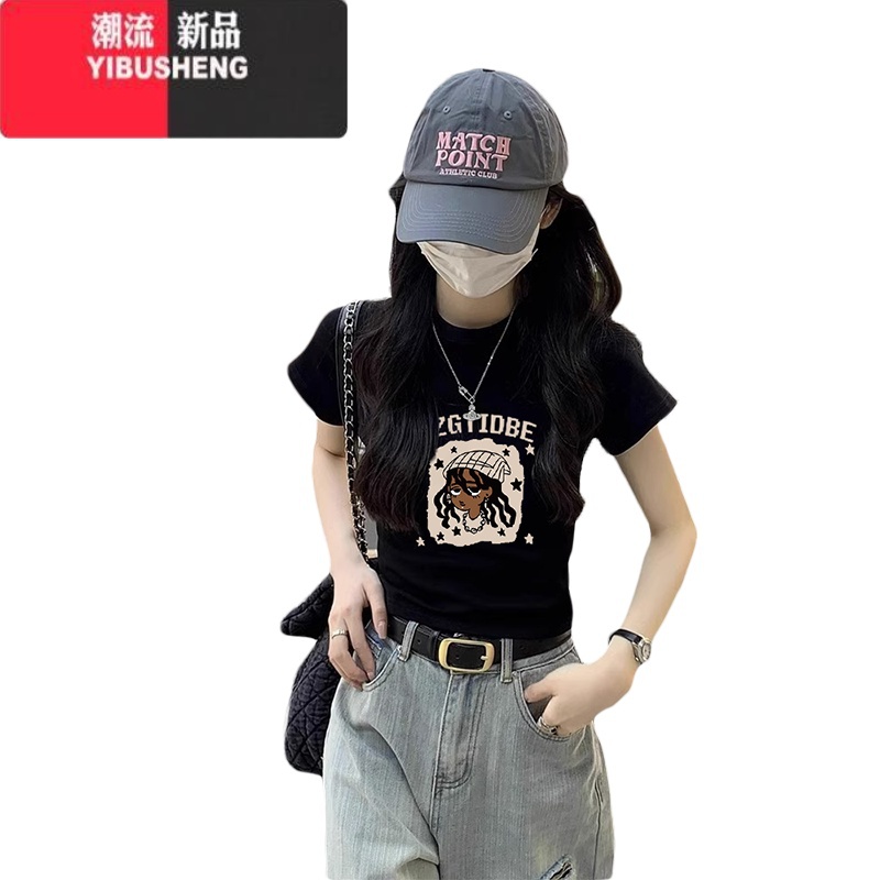 YIBUSHENG正肩黑色短袖T恤女2024季新款设计感小众独特别致修身辣妹上衣高清大图