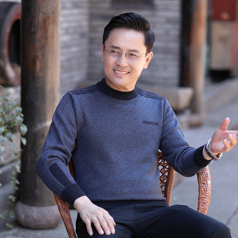 baluoshang中年男士套头毛衣长袖圆领针织衫秋冬季爸爸装商务休闲保暖