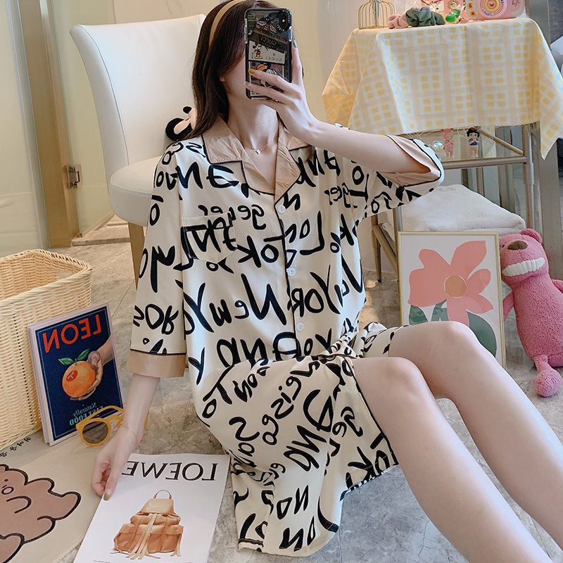 夏季冰丝睡裙女薄款高档开衫夏天休闲宽松学生睡衣家居服长款_蕾丝短款背心_L码(建议96-115斤)