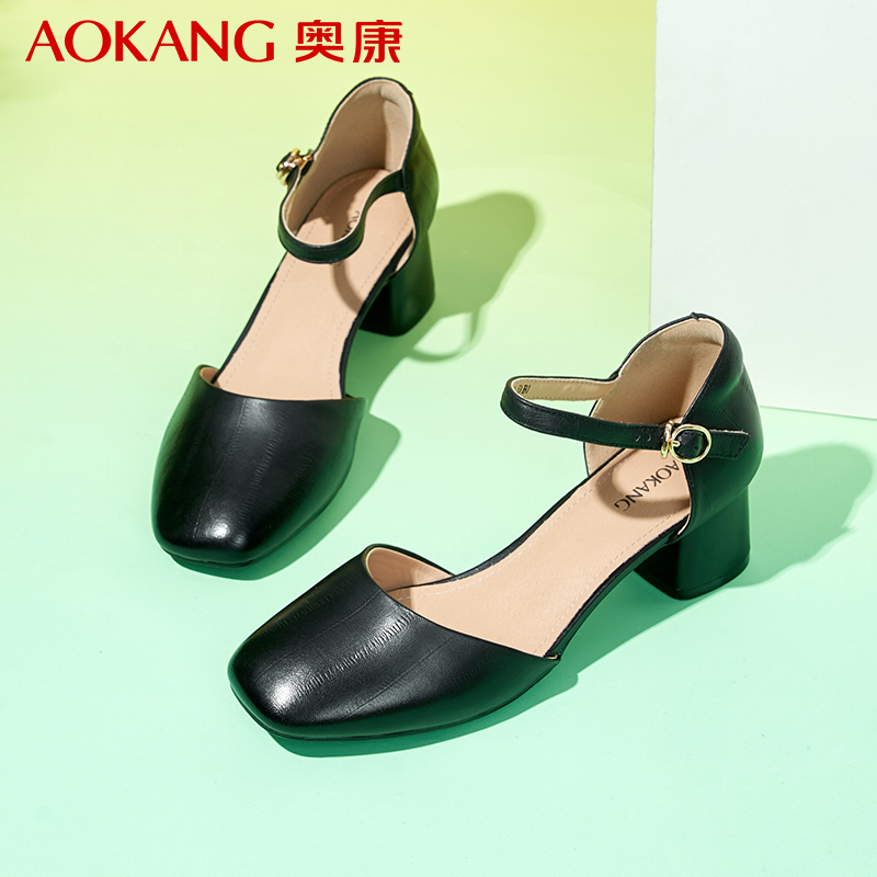 奥康女士凉鞋夏季休闲女鞋一字带包头羊皮高跟鞋中空粗跟凉皮鞋