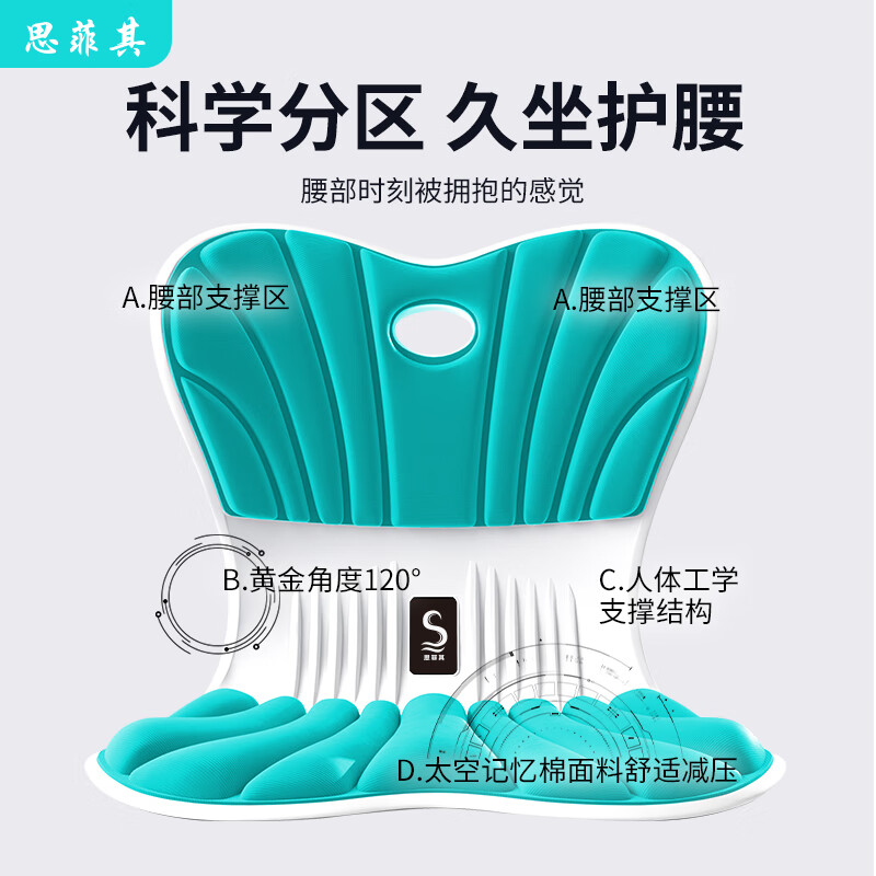 思菲其护腰坐垫人体工学椅护腰靠背垫椅子坐垫护腰久坐神器办公家用座垫 活力蓝ZD301高清大图