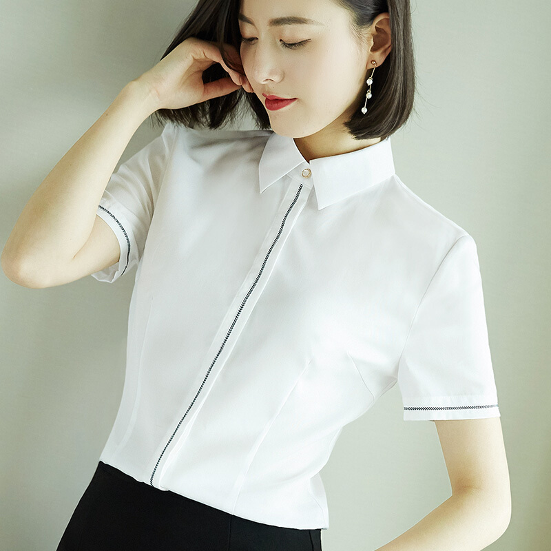 2018夏季新款白衬衫女拼接ol装职业装刺绣上衣面试工作服短袖衬衣白色