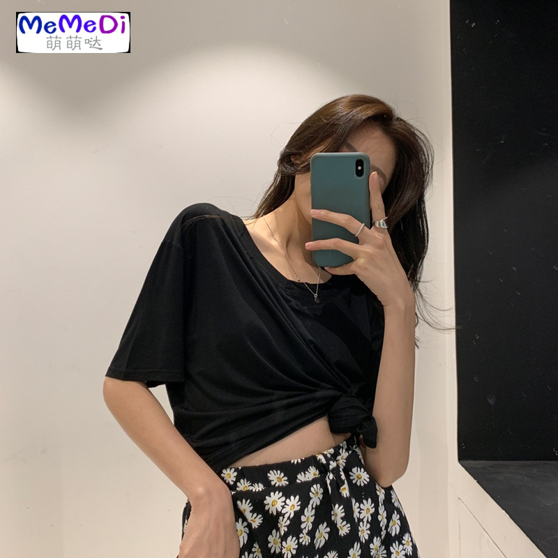 莫代T恤女夏韩版V领宽松大码胖mm短袖白色内搭面膜上紫色打底