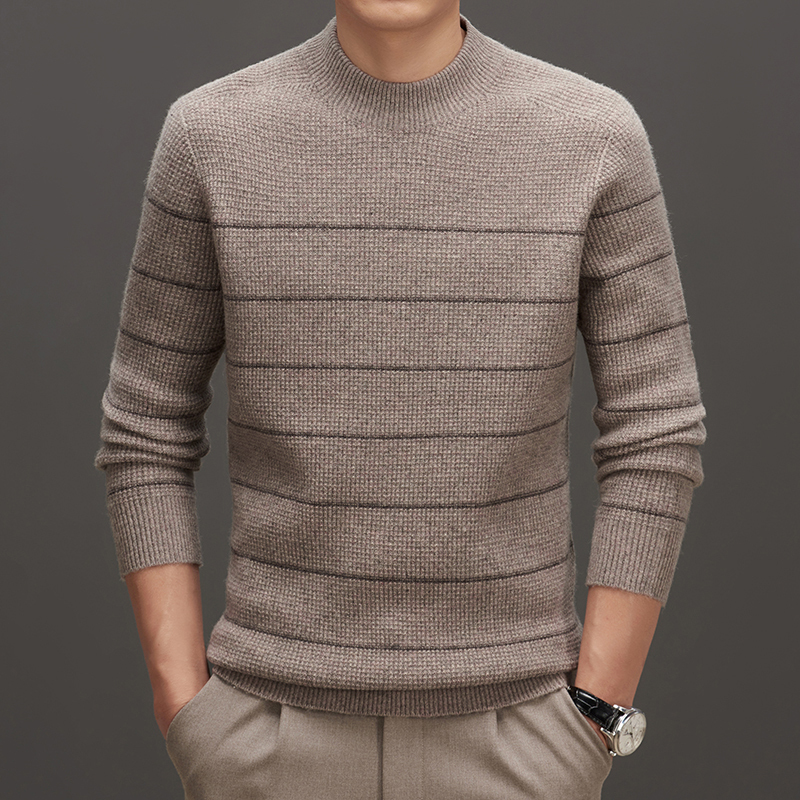 免费试穿 羊绒衫男圆领100%纯山羊绒衫条纹宽松打底衫加厚男士毛衣