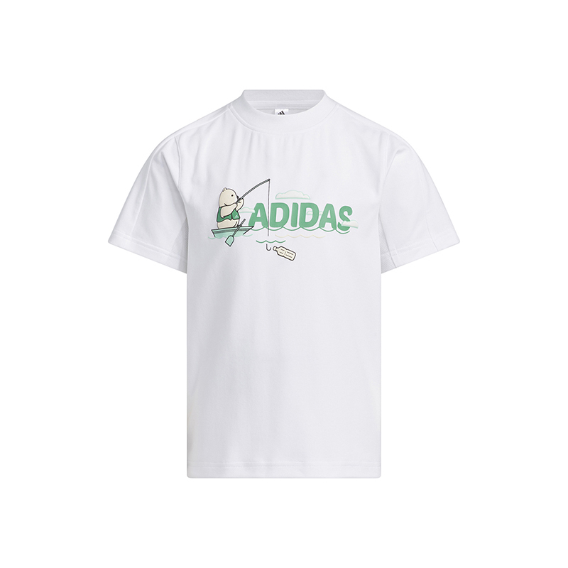 adidas童装cottontee字母logo卡通图案印花圆领短袖t恤男童白色ia8216