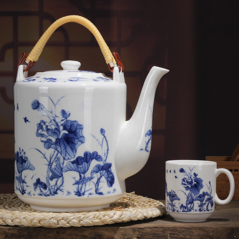lichen景德镇陶瓷材质水壶提梁壶大容量凉水壶釉下彩青花瓷茶壶水壶侧