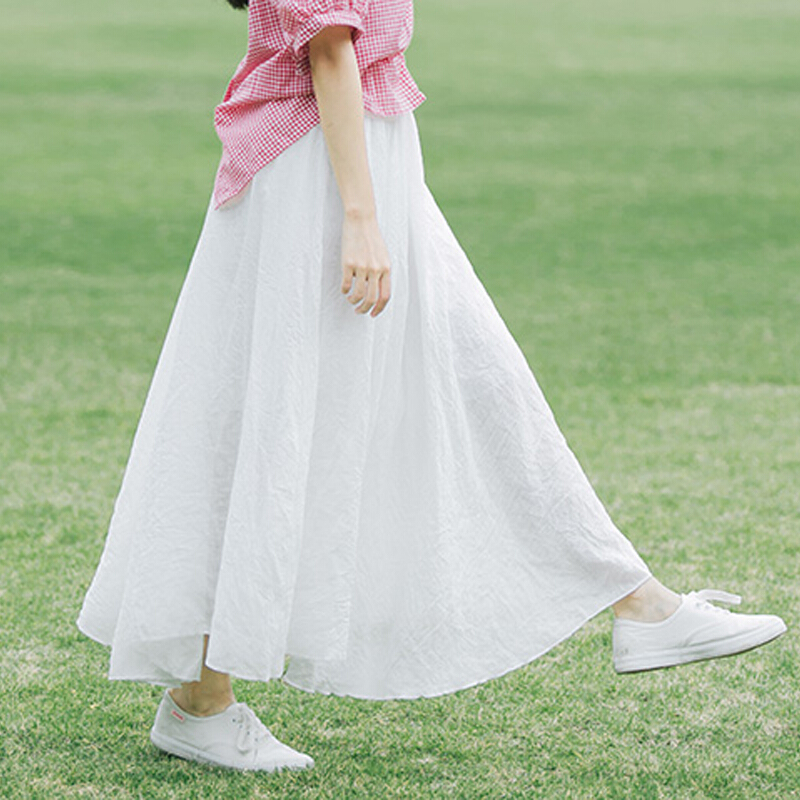 及踝长裙夏棉麻半身裙chic复古仙女大摆森女文艺学生纯色显瘦裙子 咖啡色 均码