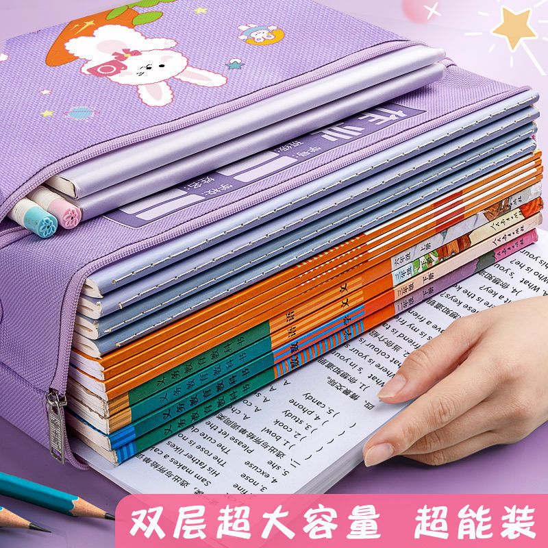 新款卡通科目分类袋文件袋拉链书袋小学初中收纳袋帆布手提补习袋 加厚牛津帆布-女生款 单层新款1个/综合
