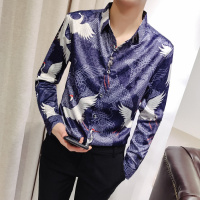 春秋潮男款长袖衬衫时尚夜店理师个性仙鹤花衬衣青年酒吧工作服