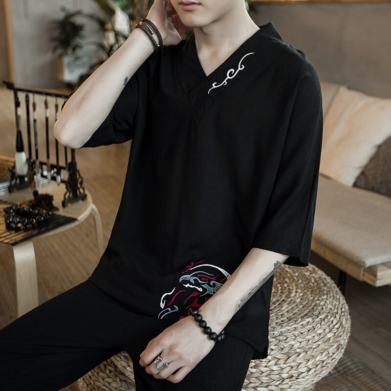 刺绣亚麻衬衫男宽松大码男装中国风棉麻衬衣短袖胖子加肥加大薄款