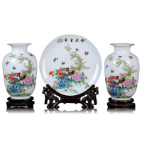 彩帮景德镇花瓶三件套摆件陶瓷器花鸟挂盘装饰盘子现代时尚家饰摆件