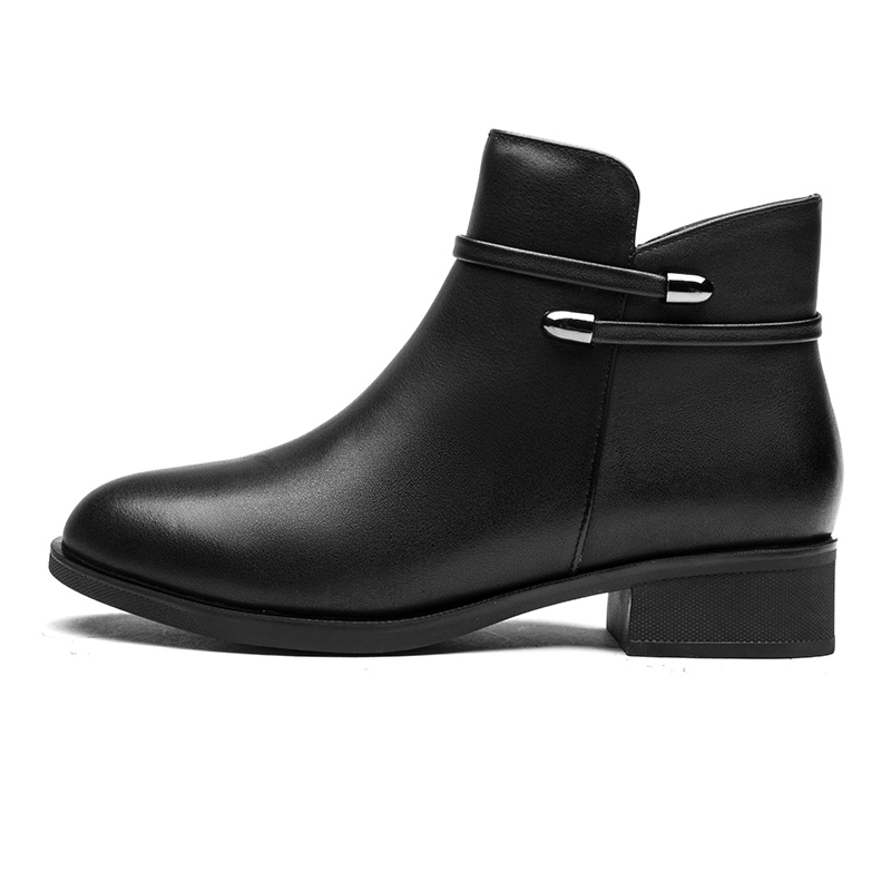 红蜻蜓短靴女冬季马丁靴女平底牛皮加绒英伦风靴子女保暖棉皮鞋女圆头粗跟棉靴