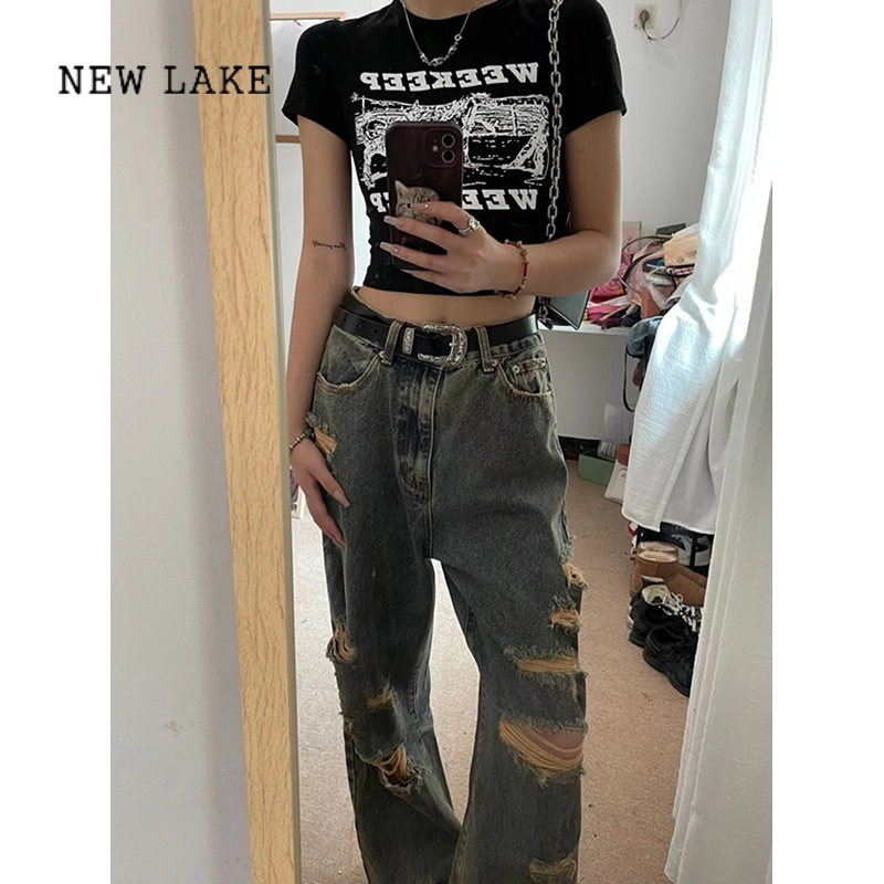 NEW LAKE美式vibe裤子高街ins国潮宽松阔腿欧美hiphop高腰破洞牛仔裤女夏